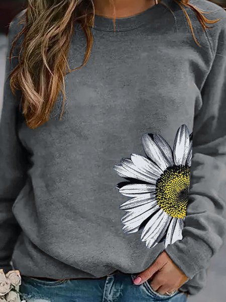 

Daisy Crew Neck Long Sleeve Floral Casual Woman's Sweatshirts, Gray, Hoodies&Sweatshirts