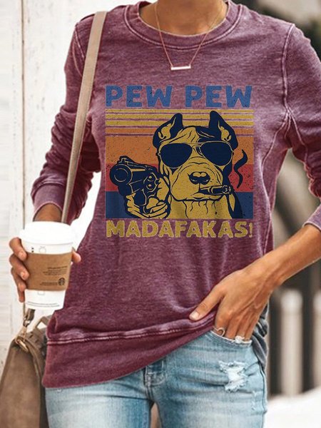 

PEW PEW MADAFAKAS DOG Casual Letter Crew Neck Woman's Sweatshirts, Purple, Hoodies&Sweatshirts