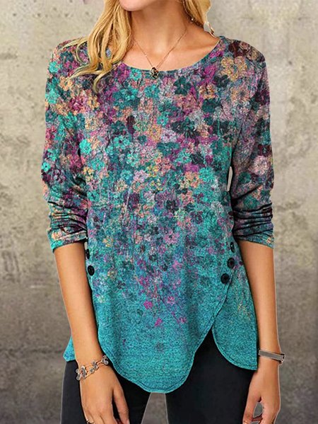 

Girocollo Maniche Lunghe Misto Cotone a Righe Camicie & Top, Blu, Blouses & Shirts