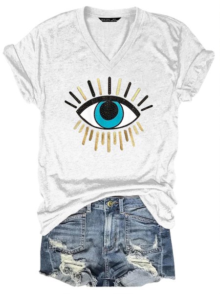 

Short Sleeve V Neck Eye Shirt, White, T-shirts