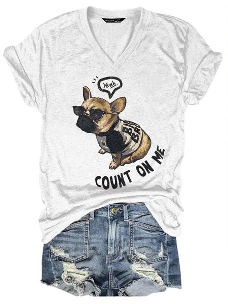 

Short Sleeve Casual V Neck Dog Shirt, White, T-shirts