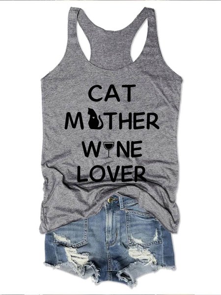 

Cat Mother Wine Lover Graphic Sleeveless Crew Neck Vest, Gray, Tank Tops