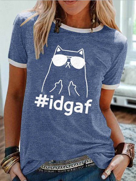 

IDGAF Cat Graphic Round Neck Short Sleeve Tee, Blue, T-shirts