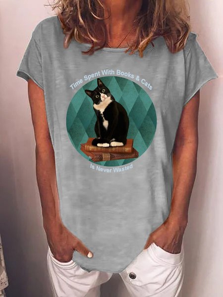 

Time Spent With Books And Cats Women's T-Shirt, Grey, T-shirts