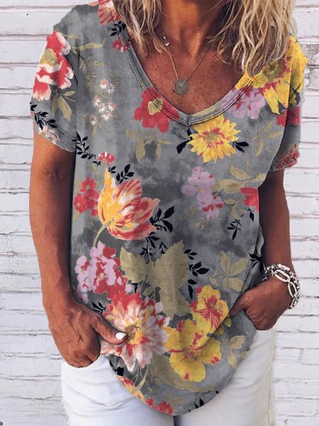 

Casual Floral-Print T-shirt, Gray, Tees & T-shirts