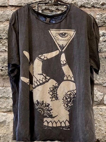 

Short Sleeve Tribal Ethnic T-shirt, Gray, Tops