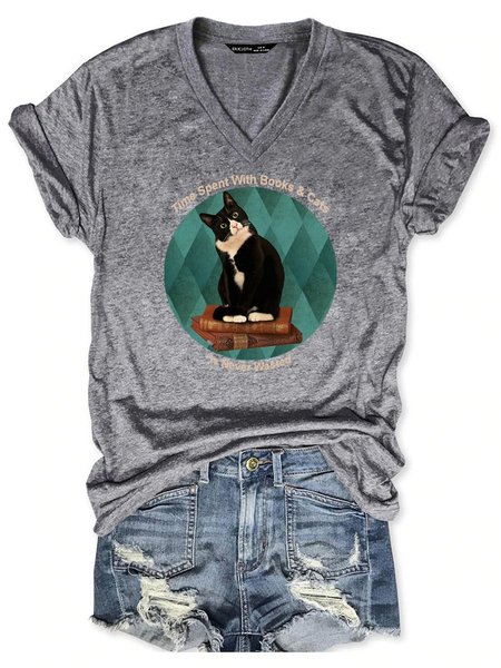 

Time Spent With Books And Cats Women's T-Shirt, Grey, T-shirts
