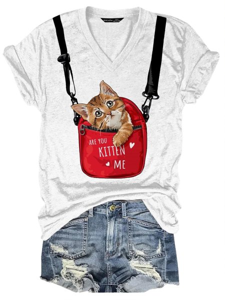 

Short Sleeve V Neck Cat Shirt, White, T-shirts