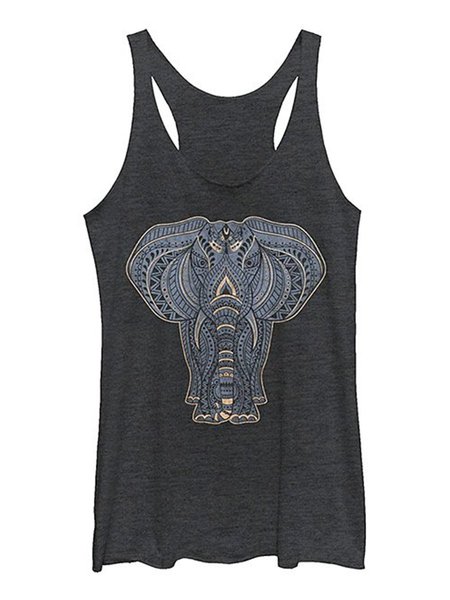 

Boho Elephant Crew Neck Sleeveless Animal Woman's Racerback Tank, Black, Tank Tops