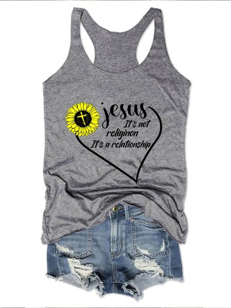 

Jesus Is Not Religion Graphic Sleeveless Crew Neck Vest, Gray, Tank Tops