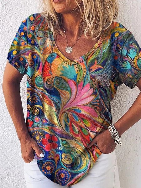 

V Neck Shift Casual Short Sleeve T-Shirts, As picture, Blouses & Shirts