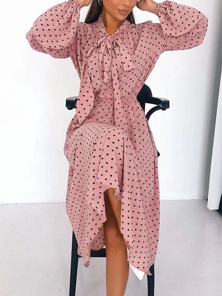 

A-line a pois Maniche Lunghe Abito, Rosa, Midi Dresses