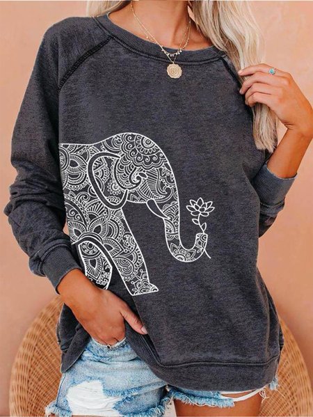 

Heather Elephant Holding Lotus Casual Long Sleeve Animal Woman's Sweatshirt, Deep gray, Hoodies&Sweatshirts