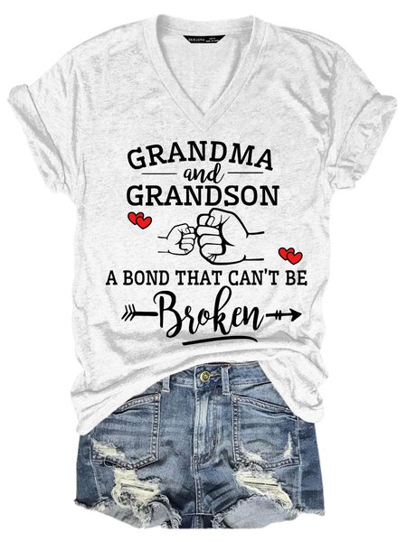 

Grandma and Grandson A Bond That Cant Be Broken Graphic Short Sleeve V-Neck Tee, White, T-shirts