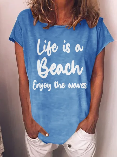 Life Is A Beach Enjoy The Waves Graphic Round Neck Short Sleeve Tee, Blue, T-shirts
