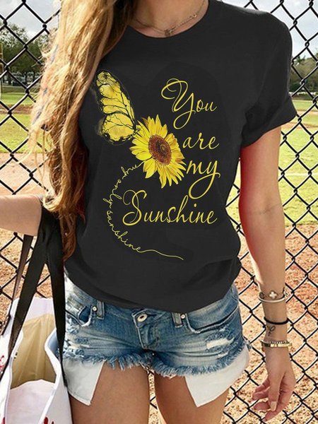 

You Are My Sunshine Sunflower Hippie Neck Short Sleeve Tee, Black, T-shirts