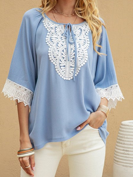 

Blue Tribal Paneled Half Sleeve Boho Top, Tops