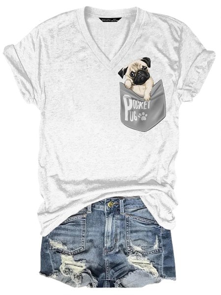 

Casual V Neck DOG Shirt & Top, White, T-shirts
