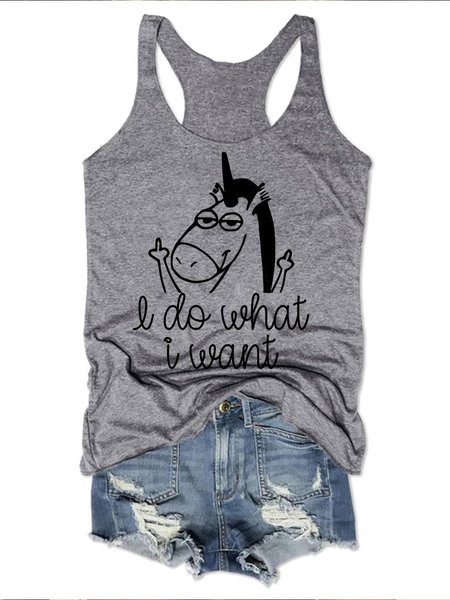 

Unicorn I Do What I Want Graphic Round Neck Sleeveless Loose Vest, Gray, T-shirts