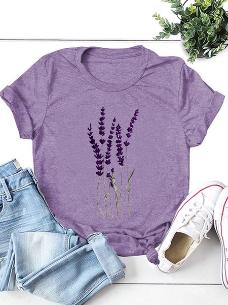 LAVENDER Floral Short Sleeve Casual Woman's Purple T-Shirts Tops, T-shirts