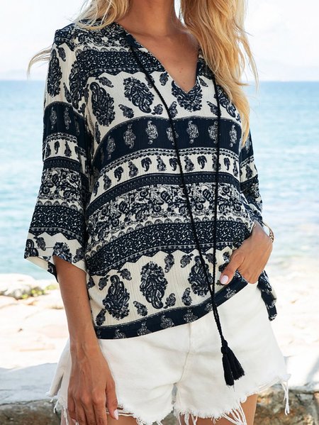 

Purplish Blue Tribal Vintage V Neck Shift Top, Blouses and Shirts