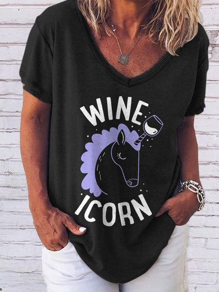 

Wine Unicorn Graphic V-Neck Short Sleeve Loose Tee, Black, T-shirts