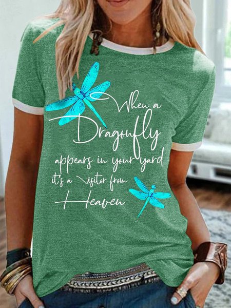 

Dragonfly Graphic Short Sleeve Round Neck Loose Tee, Green, T-shirts