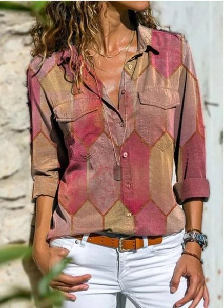 

Women Outdoor Abstract Geometric shawl collar Long Sleeve Casual Shirt, Red, Blouses & Shirts