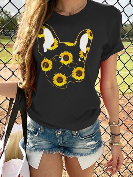 

Dog Sunflower Graphic Round Neck Short Sleeve Loose Tee Round Neck Short Sleeve Loose Tee, Black, T-shirts