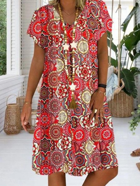 

V Neck Short Sleeve Casual Dresses, Red, Dresses
