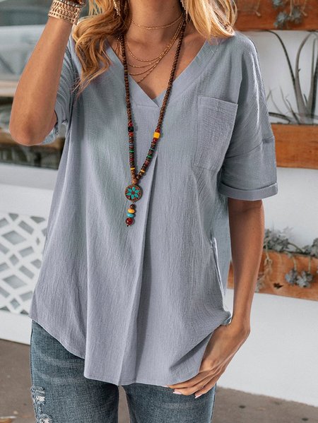 

Blue V Neck Solid Short Sleeve Top, Blouses and Shirts