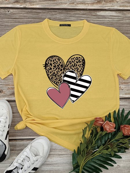 

Vintage Short Sleeve Love Printed Crew Neck Plus Size Casual Tops, Yellow, Printed T-shirts