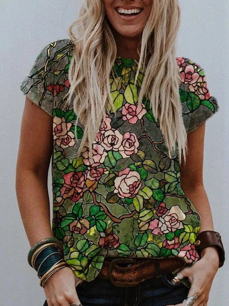 

Colorato fiore Pittura Stampare T-shirt, Verde, T-Shirts