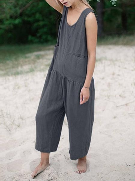 

Senza Maniche Lino Pezzi Interi, Grigio scuro, Jumpsuits