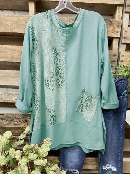 

Shift Cotton-Blend Leopard Casual T-shirt, Lightgreen, Long sleeve tops