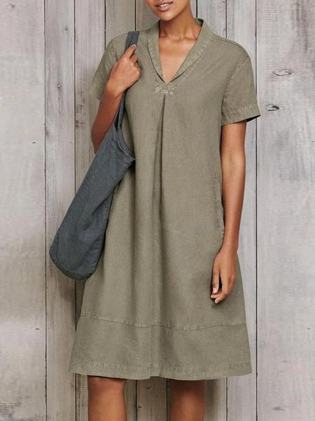 

Short Sleeve Casual V Neck Weaving Dress, Green, Casual Dresses