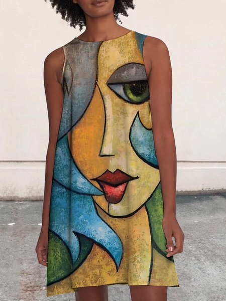 

Retro eye print abstract face pattern A-Line Vintage Weaving Dress, As picture, Dresses