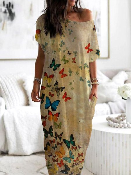 

Casual Short Sleeve Shift Butterfly Dress, Color, Maxi Dresses