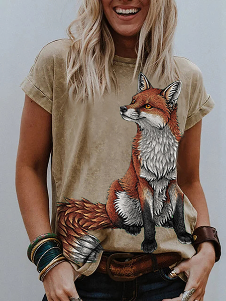 Casuale Volpe Stampa Animale Maniche Corte T-shirts, Cachi, T-Shirts