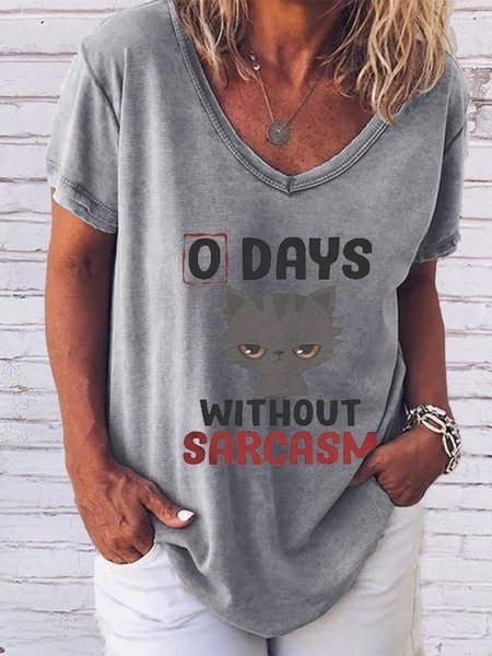 

0 Days Without Sarcasm Cat V-neck T-shirt, Gray, T-shirts