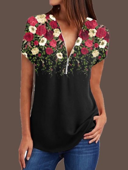 

V Neck Zips Floral Print Short Sleeve Blouse, Black, Tops