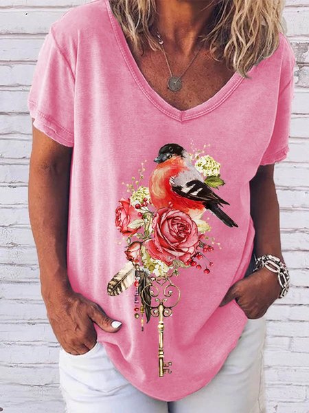 

Flowers And Birds Graphic V-Neck Short Sleeve Loose Tee, Pink, T-shirts