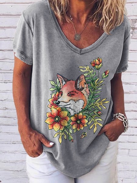 

Fox And Flower Graphic V-Neck Short Sleeve Loose Tee, Gray, T-shirts