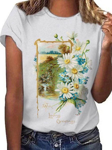 

Flowers Graphic Neck Short Sleeve Tee, White, T-shirts