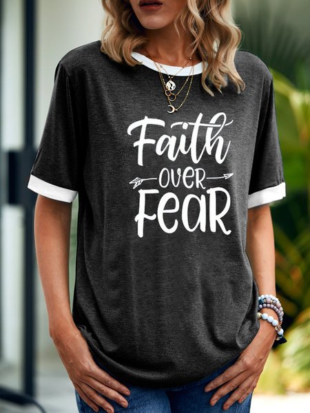 

Faith Over Fear Letter Crew Neck Casual Shift Woman's T-Shirts & Tops, Black, T-shirts