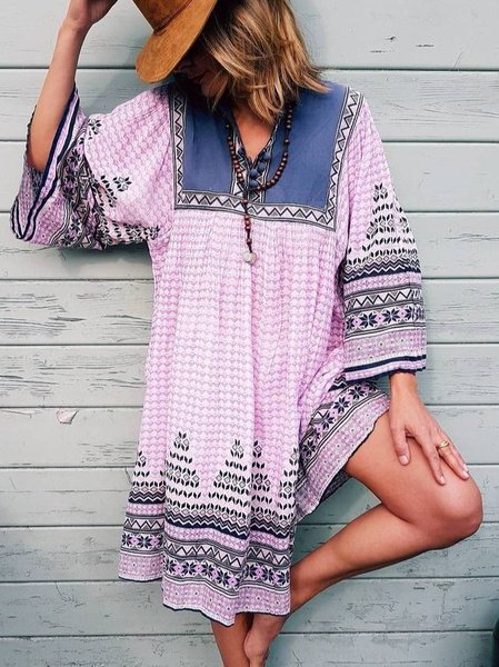 

V Neck Half Sleeve Women Dress, Pink, Midi Dresses