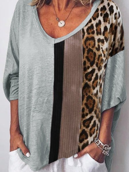 

Leopard V Neck Cotton-Blend Casual Shift Woman's Shirts & Tops, Gray, T-shirts
