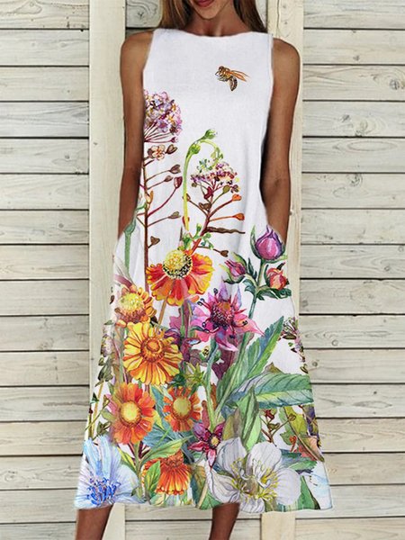 

Abito Floreale Misto Cotone Senza Maniche, Bianco, Dresses