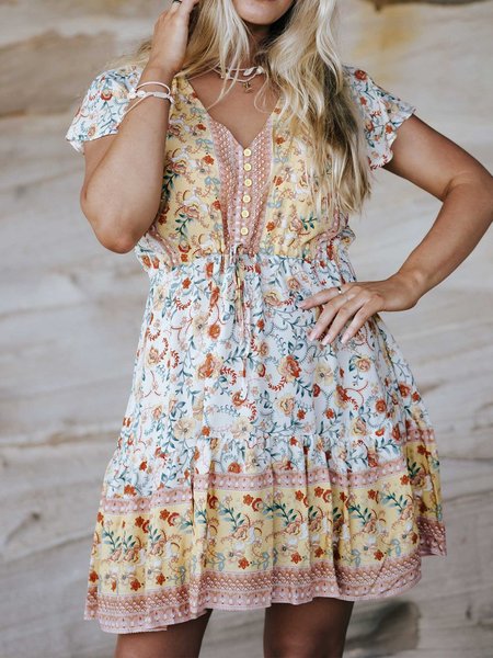 

Shift Frill Sleeve Boho Weaving Dress, Multicolor, Boho dresses