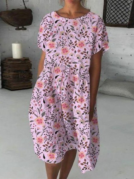 

Floral-Print Crew Neck Short Sleeve Floral Weaving Dress, Pink, Dresses